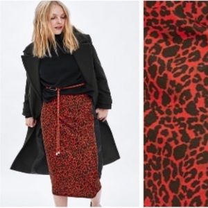 ZARA Trafaluc High Waisted Leopard Print Pencil Skirt Red Black Bodycon